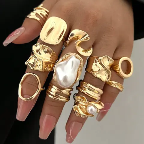 12-Piece Fashion Pearl Irregular Geometric Ring Set, Light Luxury Knuckle Rings, Stylish Jewelry for Women Fashion Accessories #GLOBAL PICKS