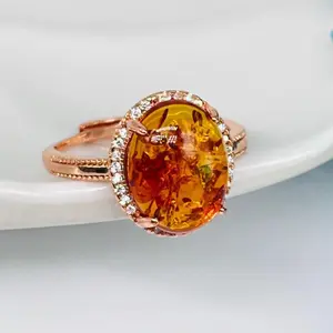 Natural Amber Flower Ring Women Healing Gemstone Fine Jewelry Genuine Baltic Amber Floral Rings Adjustable Anillos Mujer Gifts