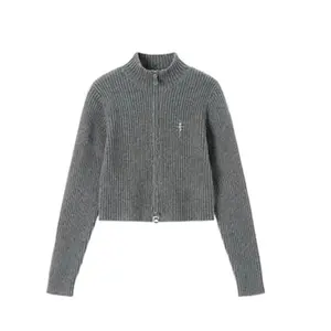 Deeptown Women's Y2K Gyaru Grey Zipper Cardigan Vintage Black Crop Knit Sweater Slim Harajuku Hippie Style Jacket for Winter Knitwear Womenswear