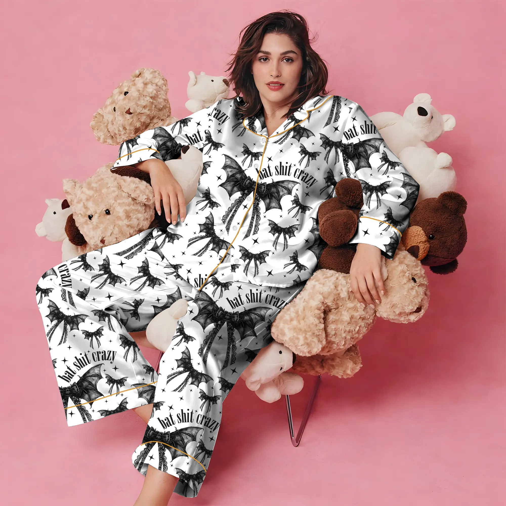 Bat Shit Crazy Gothic Coquette Bow Satin Pajama Set Adults, Halloween Print Pajamas Bat Gothic Coquette, Homewear Bow Black Gifts Women