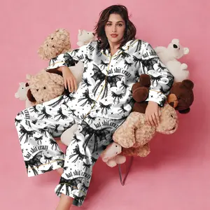 Bat Shit Crazy Gothic Coquette Bow Satin Pajama Set Adults, Halloween Print Pajamas Bat Gothic Coquette, Homewear Bow Black Gifts Women