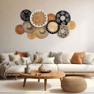 11 Pcs Boho Hanging Wall Basket Decor Handmade Woven Basket Wall Decorative Boho Wicker Baskets Placemats Round Farmhouse Bulrush Art for Rustic Home Decorations Christmas Gift(Stylish) Ornaments Hangable