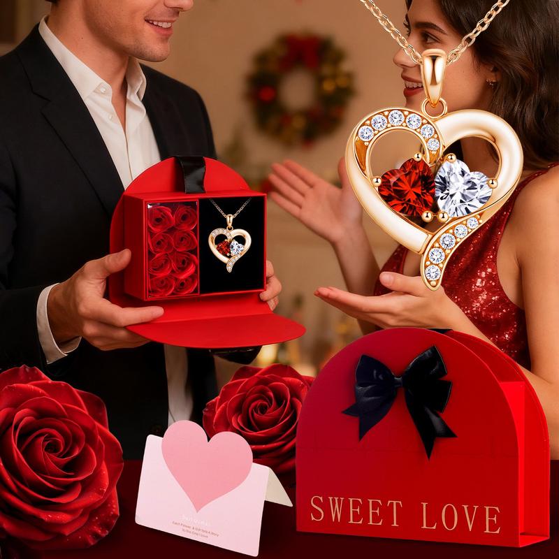 Rose Party Gift Box with Love Heart Necklace, 1 Set Romantic Rose Gift Box with “I Love You” Jewelry Necklace, Gift for Mom, Wife or Girlfriend, Birthday Gift