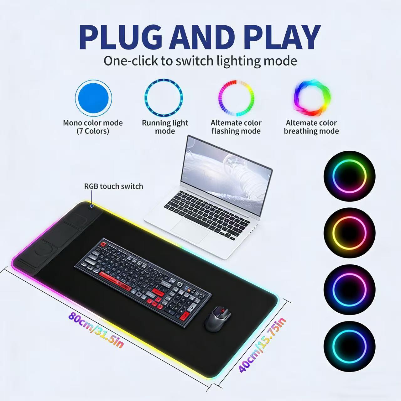 Large LED Desk Mat, RGB Gaming Mouse Pad with Wireless Charging & Phone Stand, Multiple RGB Lighting Modes, Fast Charging for iPhone & AirPods, Non-Slip Base, Smooth Waterproof Surface, Desk Decor for Gamers, Home & Office Essentials