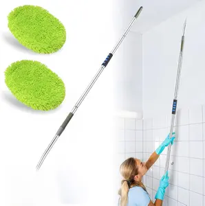 Wall Cleaner, Max 66'' Wall Mop with Long Handle, Ceiling Dust Mop with 15° Labor-Saving Elbow Extension Pole, Baseboard Duster Washer Scrubber, High Reach Window Cleaning Brush, Roof Cleaning Tool-GN Microfiber Smooth Stainless Steel Adjustable Household