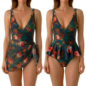 Women’s Retro Floral One Piece Swimsuit with Wrap Skirt, Swimsuit Beachwear Tummy Control Swimdress, Ruffle Hem Bathing Suit for Beach Pool Vacation