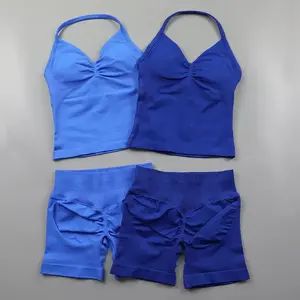 DFYNE Seamless Yoga Set 2 Piece for Women - Padded Halter Tank Top & Scrunch Butt Lifting Shorts Workout Outfits