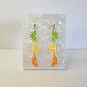 #281 Triple Glittery Citrus Lime, Lemon & Orange with Gold Ball Stud Earrings, Casual, Fruit, Food, Summer, Acrylic