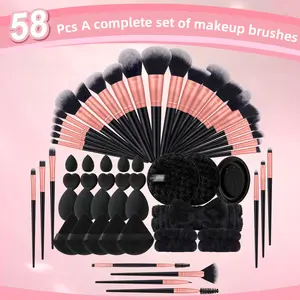 58-piece Facial Makeup Tool Set, 32 Makeup Brushes & Hair Bands & 2 Wrist Straps & 5 Large Makeup Sponges & 5 Fan Powder Puffs & 5 Mini Makeup Sponges & 5 Thumb Powder Puffs & 2 Face Wash Powder Puffs & Bowl Brush