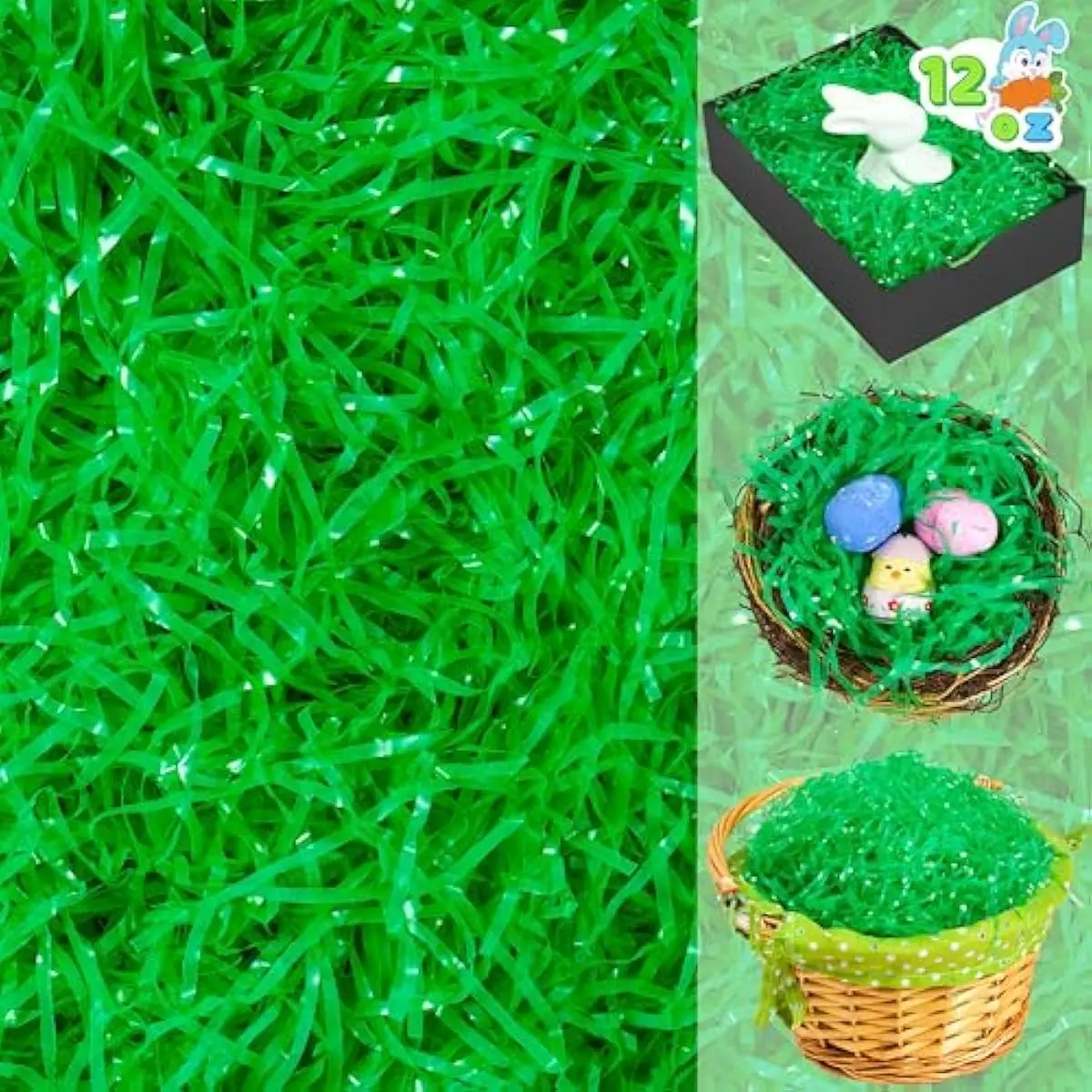 JOYIN 12oz (340g) Easter Grass, Pure Dark Green Plastic Fake Grass, Shred Raffia for Easter Egg Hunt, Basket Stuffer Fillers, Party Bag Decor Favors, Gift Wrapping