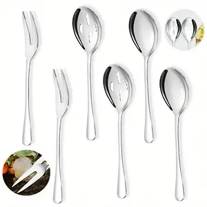 3/6pcs Large Serving Spoons, Slotted Serving Spoons, Serving Forks, Stainless Steel Catering Server Set, Suitable for Party Buffet Dinner Banquet Cooking, Kitchen Accessories, Kitchen Set Cutlery