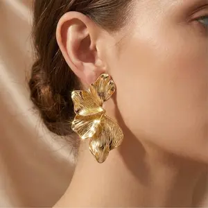 Gold Statement Earrings For Women 18K Gold Plated Sectored Flower Leaf Shell Angel Wing Earring Large Stud Earrings Hypoallergenic Stud