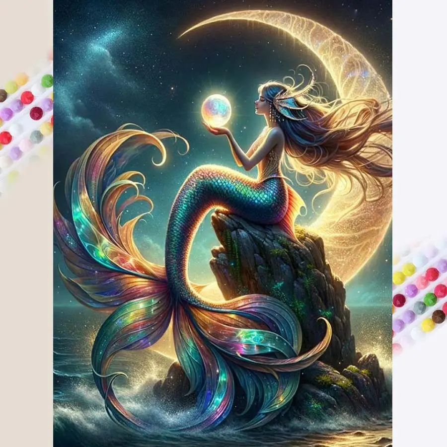 1pcs 5D DIY diamond painting kit, 5D diamond art set, DIY decoration, Handcraft, mermaid, moon, colored tail diamond painting kit full round drill DIY, mosaic, diamond art, DIY home decor, suitable for Halloween and Christmas.