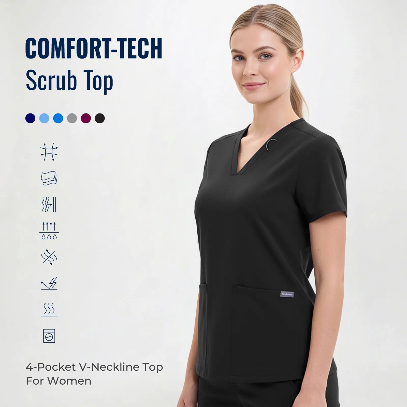 Tinylemon Women's Fitted V-Neck Scrub Top - Minimalist Workwear Uniform, 4 Pockets, 4-Way High Stretch, Antimicrobial, Anti-Wrinkle, Ultra-Soft, Fade-Resistant, Moisture-Wicking, Machine Washable Fabric, Wrinkle-Resistant, Rayon