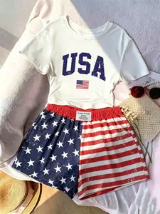 Women's 2 Piece Outfit USA Flag Print Crop Top & Shorts Set Casual Sporty Summer Tracksuit