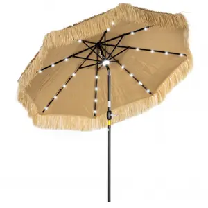 9 ft Hula Thatched Tiki Patio Umbrella with LED Solar Light – Outdoor Umbrella with Crank, 30° Tilt, UPF30+, Straw Tassels, Vented Canopy, for Backyard, Pool, Deck, Tiki Bar, Khaki