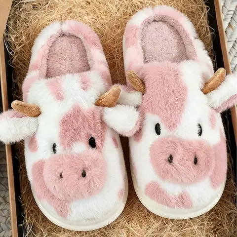 Cow Slippers for Women and Men, Fluffy Cute Cozy Cartoon Fuzzy Cow House Slipper Womens Milky Cows Animal Preppy Funny Kawaii Pillow Cloud Fall Winter Bedroom Home Shoes for Indoor and Outdoor