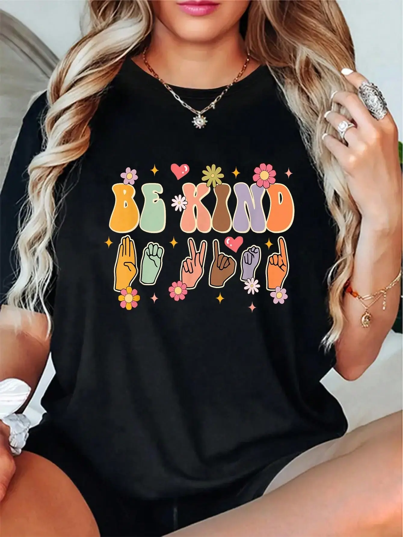 100% Cotton Be Kind American Sign Language ASL Teacher Kindness Groovy T-Shirt