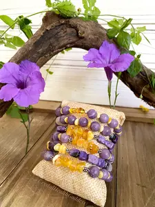 Baltic Amber Violet Ray Vibrations Wrap Bracelet with lepidolite + Charoite + Baltic Amber