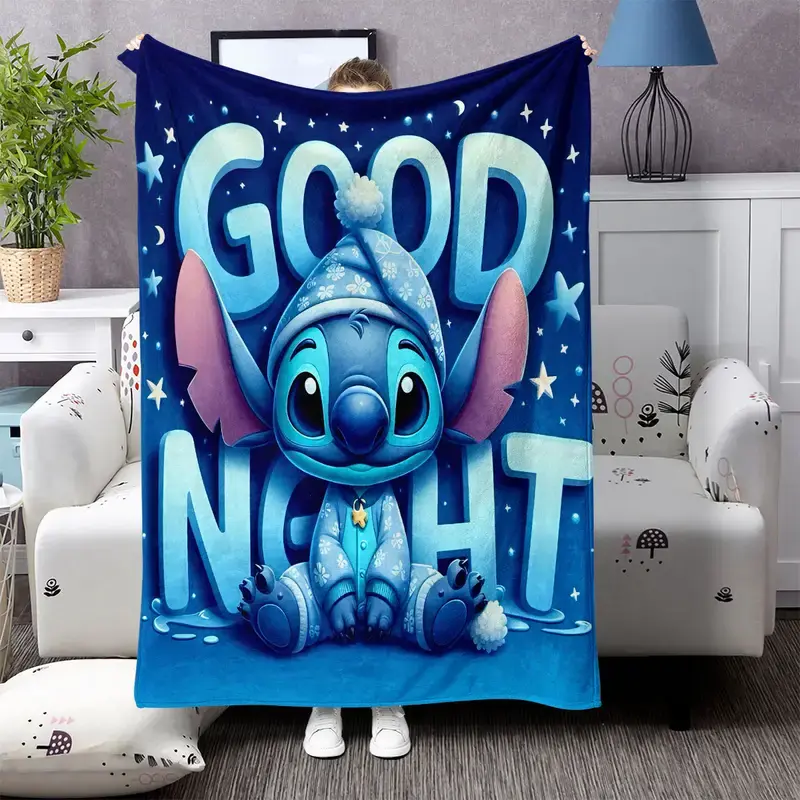[SummerVibes] DISNEY CLASSIC Stitch Flannel Blanket - Cozy Blue with "Good Night" Design, Soft, Perfect for Bed, Sofa, Office, Camping & Travel, Stitch Blanket