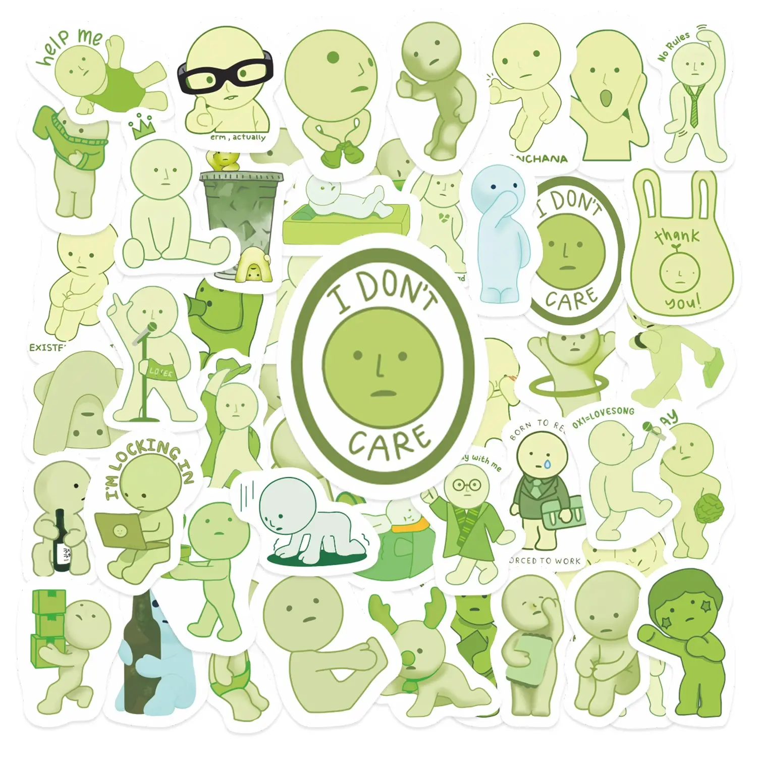 50pcs Green "I Don't Care" Mood Stickers Pack, Waterproof Funny Relatable Doodle Decals for Laptop, Water Bottle, Journal & Scrapbook, Lazy Vibe Lover Gift