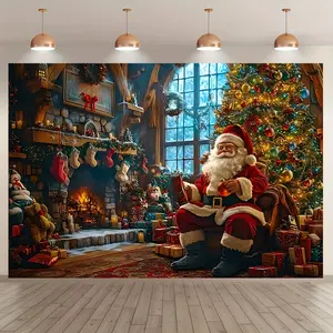 Christmas Santa Yard Sign Banner Polyester Backdrop, Winter Christmas Atmosphere, Indoor Outdoor Home Decor, Room Decoration, Christmas Gift