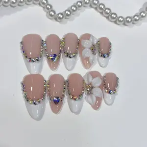 10pcs elegant style, hand-painted three-dimensional carved patterns, sparkling diamond pile handmade fake nails, Almond shape nails, suitable for important banquets, birthday balls, New Year's Day and Valentine's Day events