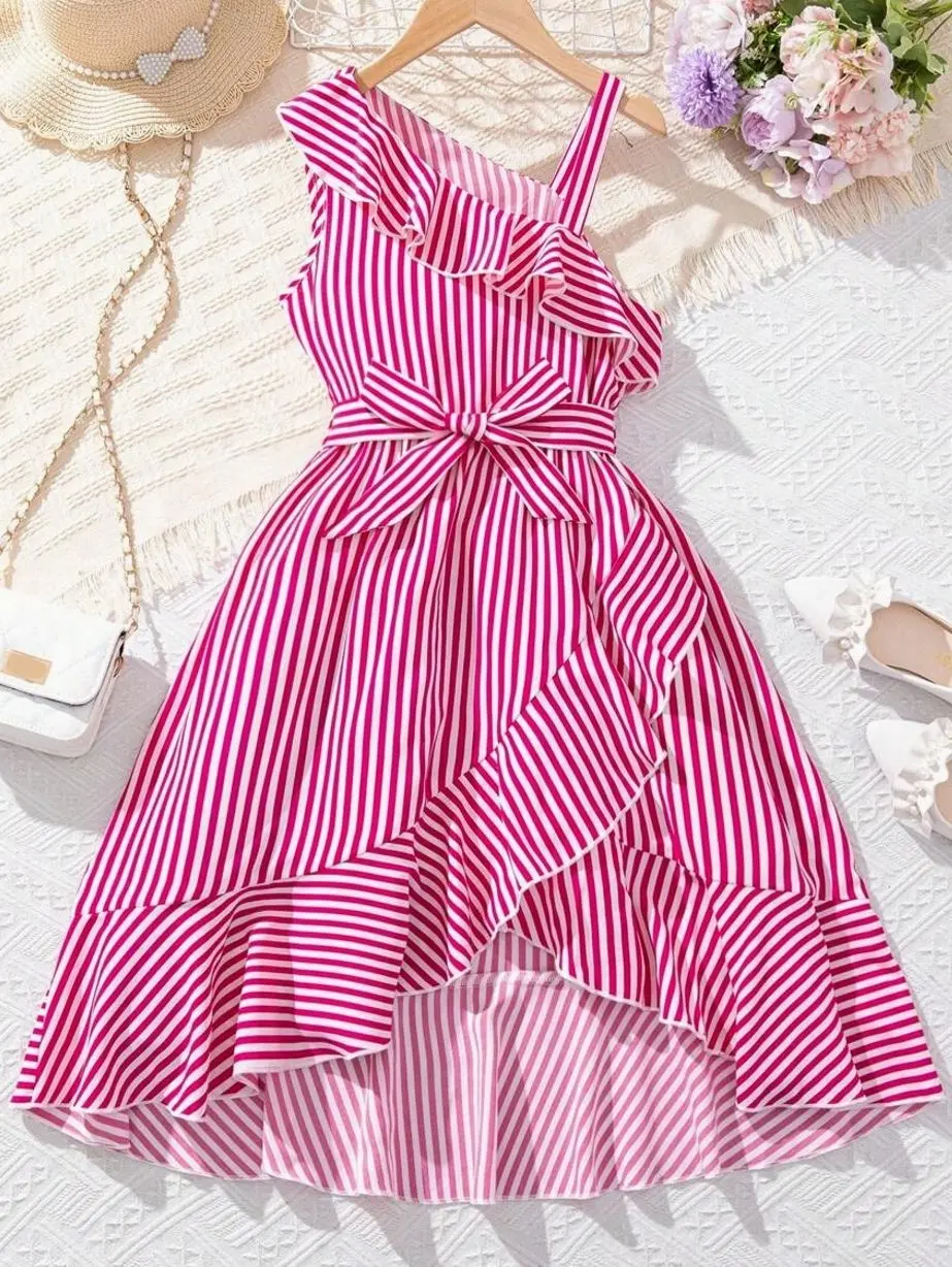 Tween Girl Striped Long Dress, Asymmetric Ruffle Trim Beach Maxi Dress for Summer Holiday