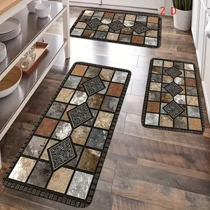 2D 3pcs Kitchen Mat Set, Classic Geometric Stone Mat, Retro Rural Style Mat, Farmhouse Kitchen Decoration, Soft And Comfortable, Suitable for Bedroom, Living Room, Dining Room, Kitchen, Bathroom, Gift for Friend, Kitchen Accessorie, Father's Day Gift