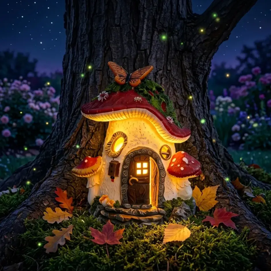 Solar Mushroom Fairy House Garden Statue - Waterproof Light-Up Resin Toadstool Sculpture with Butterfly, Outdoor Yd Patio Decor, Gnome Cottage Figurine, Cottagecore Housewarming Gift for Gardeners
