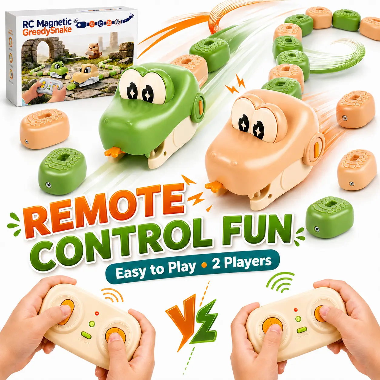 Magnetic Snake Game Toy, 2 Player Remote Control Snake with 16 Magnetic Blocks, Rechargeable RC Racing Game, Gift for Kids Boys & Girls
