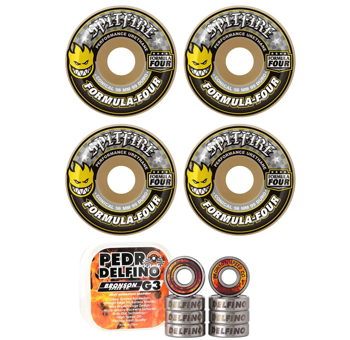 Spitfire Skateboard Wheels 53mm 99A F4 Conical with Bronson Pro G3 Bearings