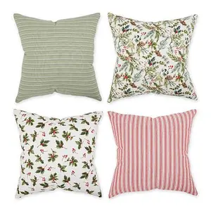 Design Imports Asst Holly Print/Stripe Pillow Covers - Set of 4