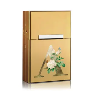 Portable Metal Cigarette Case Holder, Durable Metal Box, Slim Cigar Storage Box with Magnetic Buckle Aluminum Hard Shell Moisture-proof Protection Large Capacity for Daily Use Initial Name 26 Letters Golden Flower Pattern