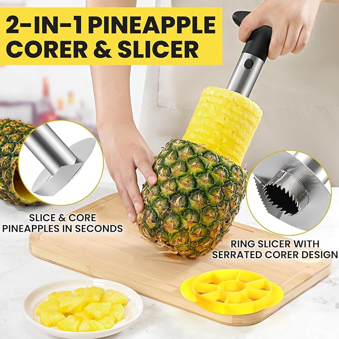 Premium Pineapple Corer and Slicer Tool - Pineapple Cutter with Sharp Serrated Tips - Easy to Use & Clean - Stainless Steel Core Remover for Pineapple - Slice and Core Fruits with Ease(Black)