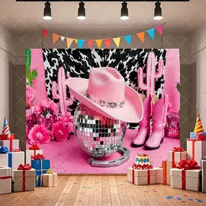 1pc 2D Flat Pink western disco style Pattern Party Banner, Holiday Decoration, Party Background Theme, Suitable for Birthday Parties, Photography, Weddings, Seasonal Room Decorations and Party Decorations, Holiday Gifts,1210