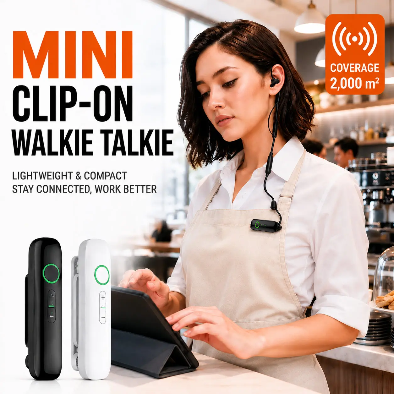Mini Clip-On Walkie Talkie 2000m Long Range AI Noise Reduction Rechargeable USB-C Business Intercom Headset Earpiece for Restaur