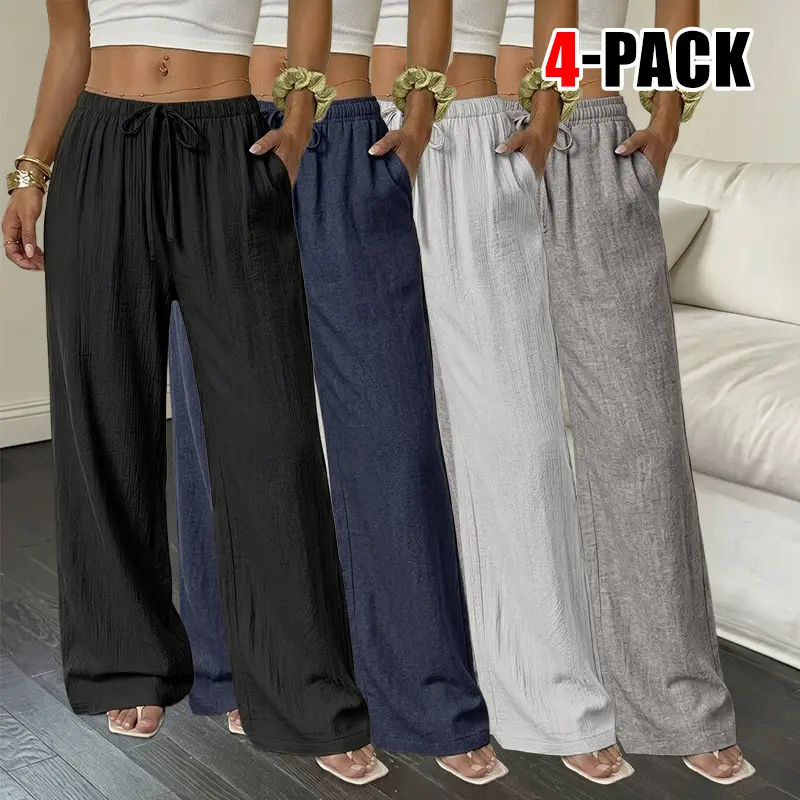 4-Pack Women's Elegant Solid Color Straight Leg Linen Pants, Elastic Waistband with Pockets, All-Season Casual Trousers Suitable for Daily Outfits and Outdoor Vacations