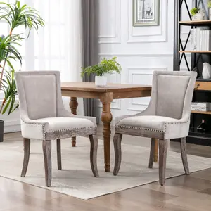 Ultra Side Dining Chair, Thickened fabric chairs with neutrally toned solid wood legs, Bronze nail head, Set of 2 for home pub, kitchen vanity table