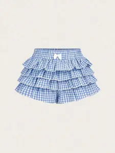 Women's Gingham Print Bow Decor Tiered Layer Shorts Casual Elastic Waist Summer Bottoms Paperbag Waist Style