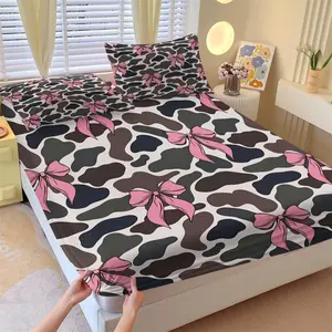 Sweet Edgy Cow Pattern Fitted Sheet Set, 1 Fitted Sheet + 2 Pillowcases - 3 Pcs Ultra Soft Breathable Deep Pocket Bedding, Camouflage Cow & Bow Print Bed Sheets for Teens Bedroom, All Season Use, Full Size