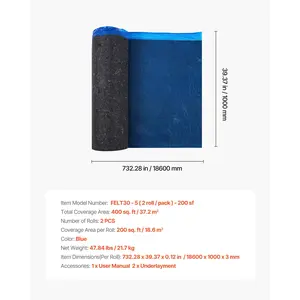 VEVOR Floor Underlayment 400 sq. ft, 3mm Laminate Flooring Padding with Attached Vapor Barrier, Heavy Duty Fiber+PE Film, Soundproofing Noise Reduction for Vinyl Wood(2 Rollsx 200 sq. ft)