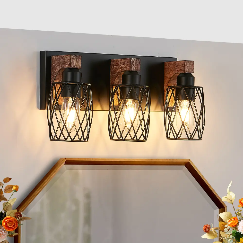 18 inches Industrial Vintage 3-Light Black & Walnut Cage Wall Sconce - Durable & High-Quality Wooden Accent Lighting with E26 Lamp Sockets for Bathroom, Bedroom, Hallway (Bulb Not Included)