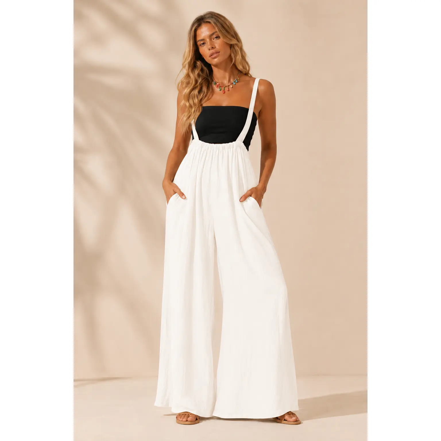 Women's Chic Cotton Sleeveless Lightweight Wide Leg Jumpsuit - Solid Color Cotton Jumpsuit for Women's Casual Wear, Solid Color Jumpsuit