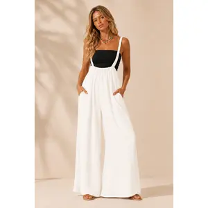 Women's Chic Cotton Sleeveless Lightweight Wide Leg Jumpsuit, Stylish Women's Overalls Set
