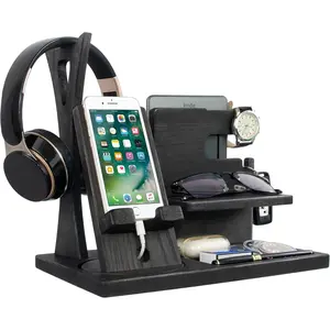 Gift for Men Nightstand Organizer with Headphone Stand & Rotating Phone Stand, Stylish Headphone Holder to Keep Desk Accessories for Men Organized, Unique Dad Birthday Gift, Gifts for Boyfriend