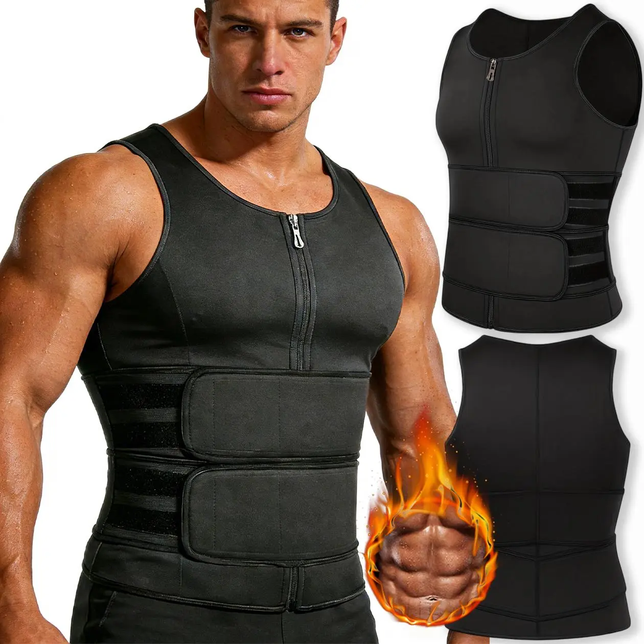 Men's Sauna Shaper Vest, High Compression Sweat Waist Trainer with Double Belt and Zipper for Gym Fitness Workouts, Gym Fitness Sportswear