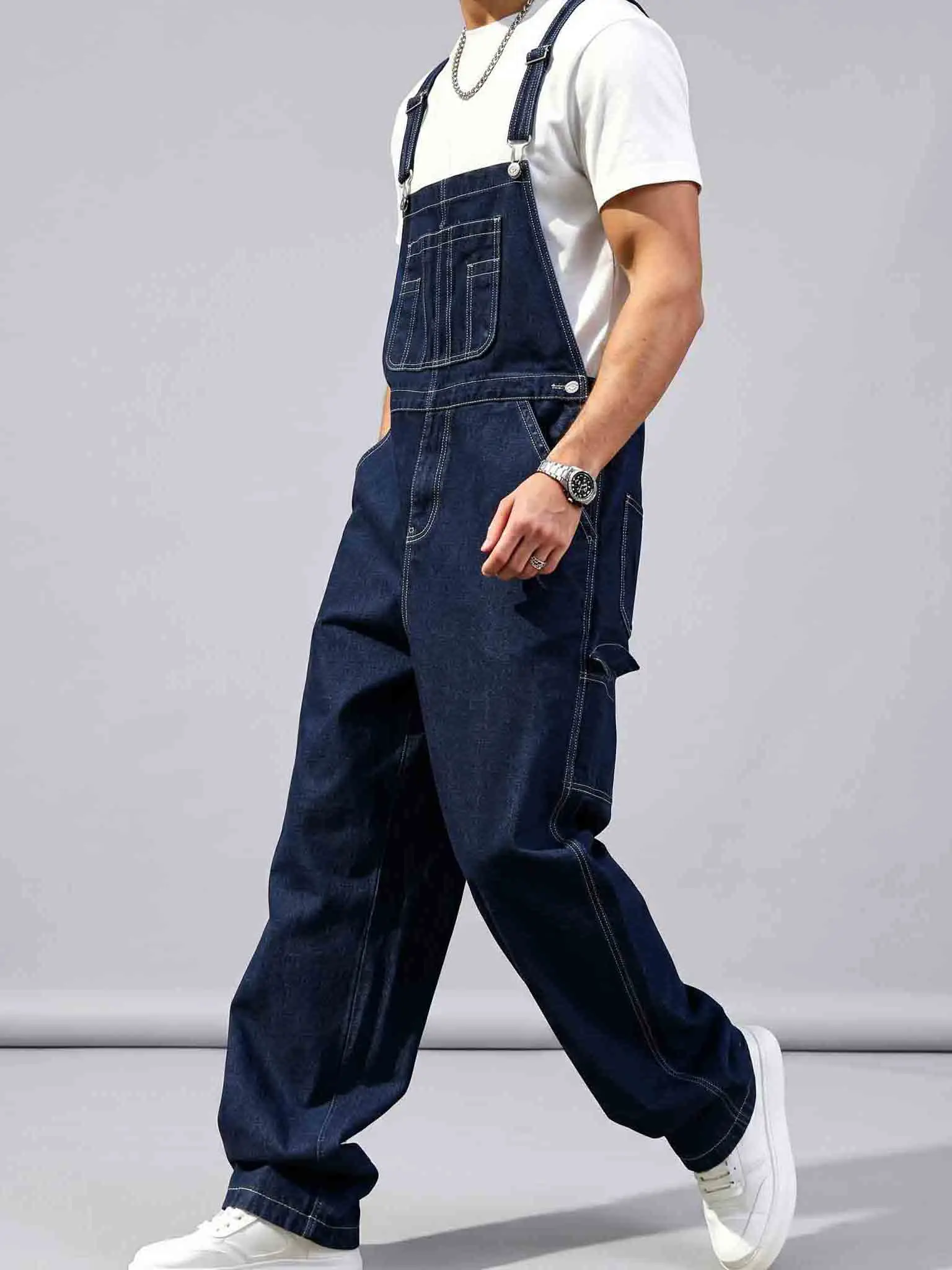 Men's Denim Overalls, Casual Solid Color Workwear Jumpsuit with a Loose Fit, Wide Legs, and Multi-Pocket Bib, Menswear