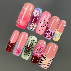 TK42 Pastel Tiger Press on Nails | 100% 3D Handmade Acrylic | Long Square | Reusable & Long lasting Salon Quality | Elegant Daily & Party Nails