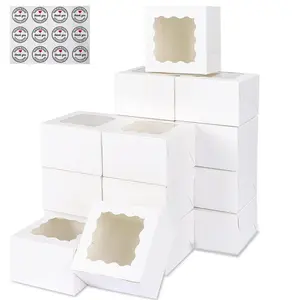 Gift Cake Boxes, 3.39'x3.39'x2.48' , White Bakery Boxes with Large Window, Disposable Cakes Transport Containers with Lids, for Cookies, Pies, Wedding, Birthday